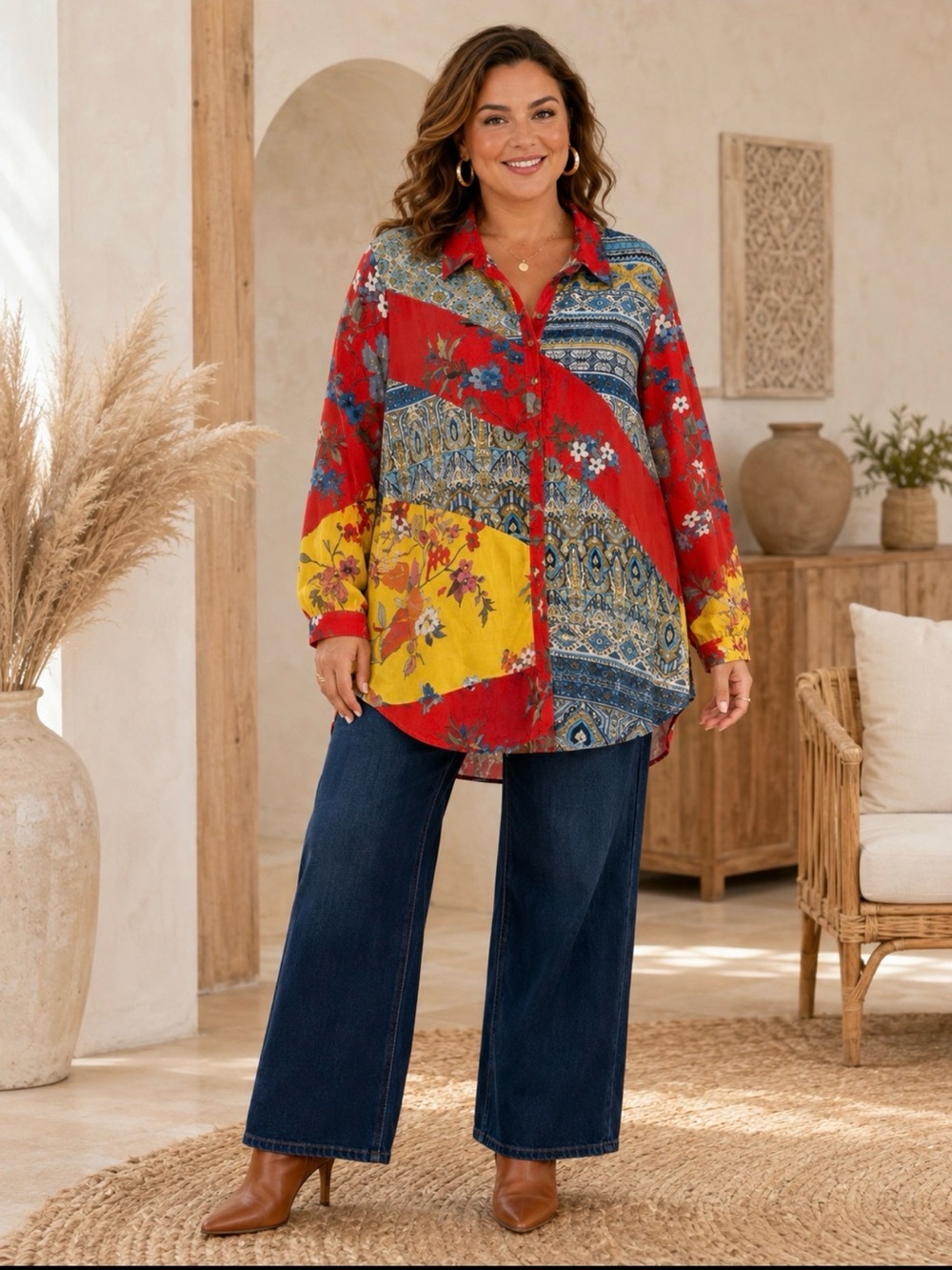 NWT Calessa Patchwork Floral Paisley Button Down Tunic Top XL